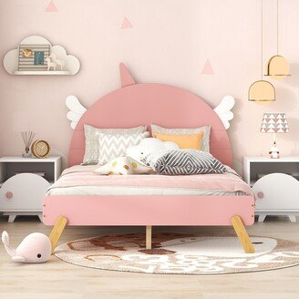 Wooden Cute Bed With Unicorn Shape Headboard,Full Size Platform Bed-AA