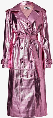 Womens Pink etallic Double-breasted Faux-leather Coat