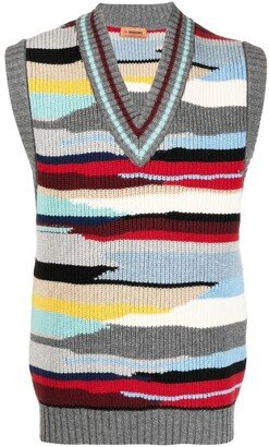 abstract-pattern V-neck knitted vest