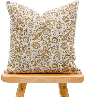 Designer Floral Khaki Olive & Mustard On Natural Linen Pillow Cover, Boho Pillow, Decorative Pillow, Summer Decor