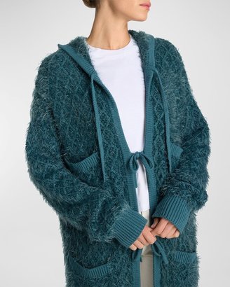 Eyelash Diamond-Knit Long Hooded Cardigan