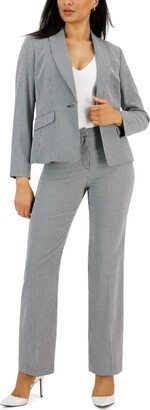 Gingham Single-Button Closure Blazer and Straight Leg Mid-Rise Pantsuit, Regular and Petite Sizes - Black/White