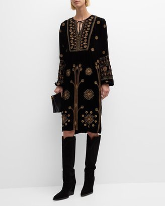 Heidi Embroidered Tie-Neck Velvet Dress