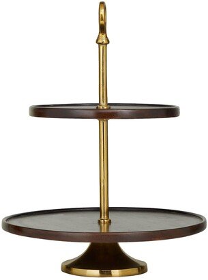 VIVIAN LUNE HOME Dark Brown Mango Wood 2-Level Tiered Server with Goldtone Stand