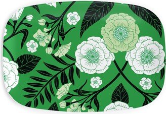 Serving Platters: Green, Black & White Floral Pattern Serving Platter, Green