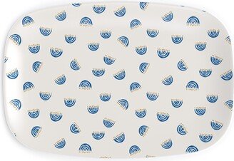 Serving Platters: Nine Branch Menorah Tossed In Bright Blue Serving Platter, Beige