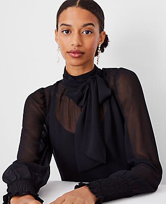 Sheer Smocked Cuff Bow Blouse