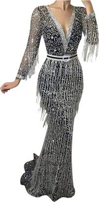 Moginp Sequin Long Full Solid Sleeve Sling Dress Women's V-Neck Sexy Long Color Women's Dress Short Dresses for Women Work Casual Grey
