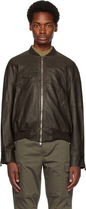 Brown Faded Faux-Leather Bomber Jacket