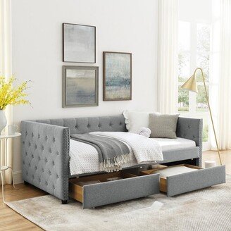 Twin Size Upholstered Daybed with Two Drawers, Button and Copper Nail