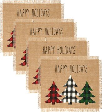 Farmhouse Living Holiday Plaid Christmas Tree Burlap Placemat, Set of 4