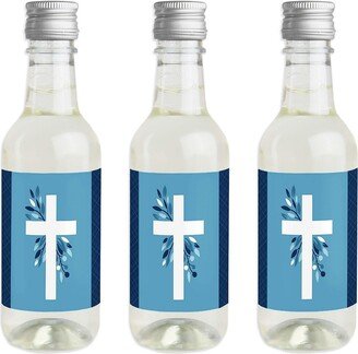 Big Dot Of Happiness Blue Elegant Cross - Mini Wine Bottle Stickers Religious Party Favor Gift 16 Ct