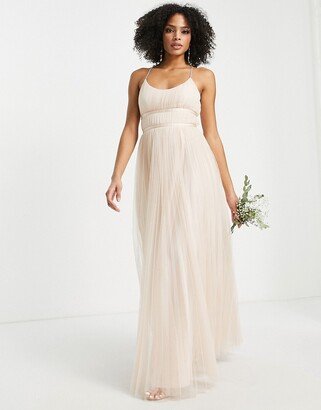 bridesmaid tulle cami maxi dress with satin ribbon waist detail and pleated skirt in champagne