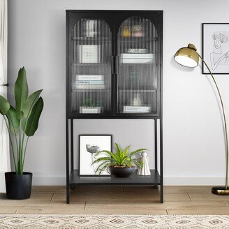 Tempered Glass Tall Storage Cabinet with 2 Arched Doors Adjustable Shelves and open bottom shelf