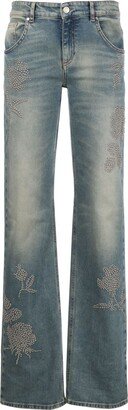 Blue Stud-Embellished Wide-Leg Jeans