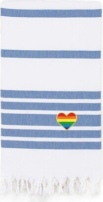 100% Turkish Cotton Herringbone Cheerful Rainbow Heart Pestemal Beach Towel - Royal Blue & White