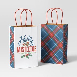 2ct Jr. Tote Paper Handle Christmas Gift Bag Holly/Plaid - Wondershop™