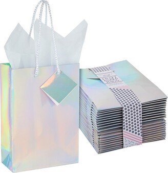 Sparkle and Bash 20 Pack Iridescent Small Gift Bags Bulk Metallic with White Tissue Paper, Holographic, 7.9 x 5.5 x 2.5 In