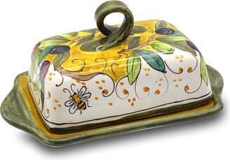 Italian Ceramic Butter Dish With Lid Olive Design - Hand Painted Keeper Made in Italy Pottery Holder Covers