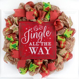 Christmas Wreath, Jingle All The Way Mesh Front Door Outdoor Red Jute Lime Green