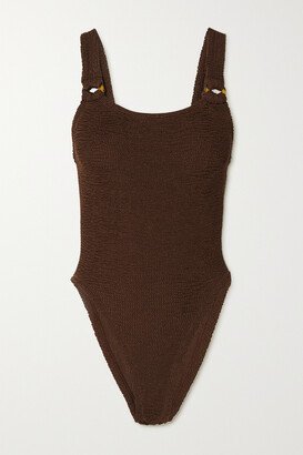 Domino Embellished Seersucker Swimsuit - Brown