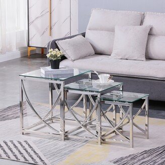 3 Pieces Silver Square Nesting Glass End Tables, Small Coffee Table Set, Minimalist Side Table