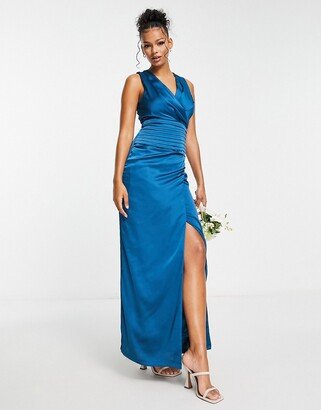 satin wrap front maxi dress in teal blue