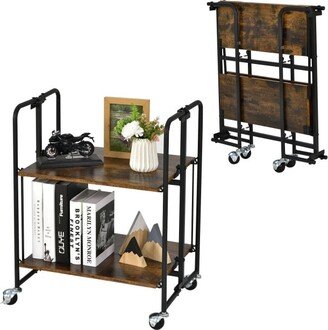 2-Tier Folding Rolling Cart with Metal Frame-Rustic Brown - 21 x 16 x 27