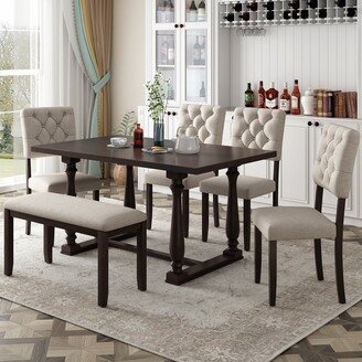 CTEX 6 Piece Dining Table and Chair Set with Special shaped Legs and Foam covered Seat Backs & Cushions, Brown