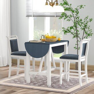 EDWINRAY 3-Piece Wood Counter Height Dining Table Set with Drop Leaf Design & 2 Upholstered Dining Chairs, Nailhead & Handle Chairs