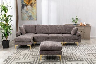 IGEMAN Living Room Sectional Sofa, L-Shaped Upholstered Couch with Movable Ottoman, Convertible Modular Sofa with Gold Metal Legs-AB