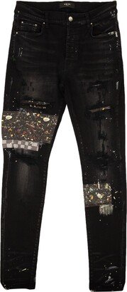 Aged Black Art Patch Checkered Skinny Jeans