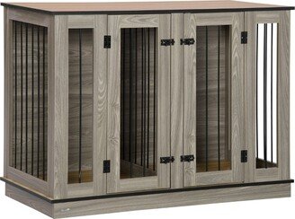 Dog Crate Furniture with Divider Panel w/ Two Rooms Dark Walnut