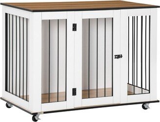 Modern Dog Crate End Table with Wheels & Big Tabletop, Indoor Dog Crate Furniture with Lockable Door, White