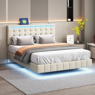 Sunmory Queen Size Floating Platform Bed with LED Lights-AA