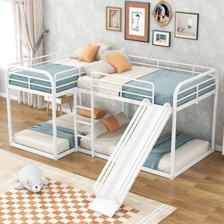 L Shaped Bunk Bed for 4, Quad Bunk Bed Metal Bunk Bed Frame for Kids Teens,Full and Twin Size Bunk Bed with Slide & Short Ladder