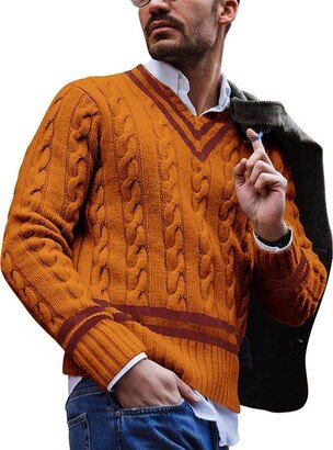 chouyatou Men's Casual V Neck Contrast Stripes Cable Knit Pullover Sweater Tops (Small