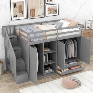 IGEMAN Gray Wood Functional Twin Size Loft Bed with 3 Shelves, 2 Wardrobes and 2 Drawers, Ladder with Storage, No Box Spring Needed