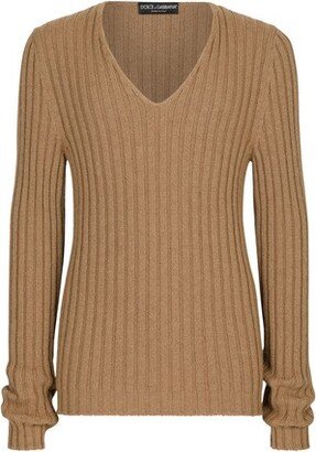 Camel Hair Ribbed V-Neck Sweater