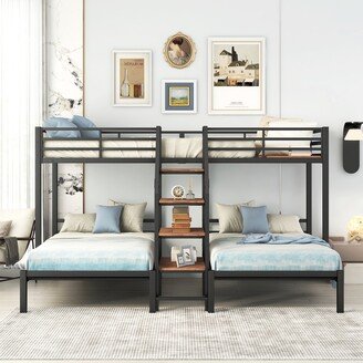 Metal Triple Bunk Bed with Storage Shelves Staircase