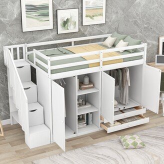 EDWINRAY Functional Loft Bed with 3 Shelves, 2 Wardrobes and 2 Drawers, White
