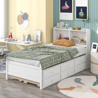 TOSWIN Twin Bed Modern Bedroom Wood Kids' Beds with Bookcase & Trundle Bed and Drawers