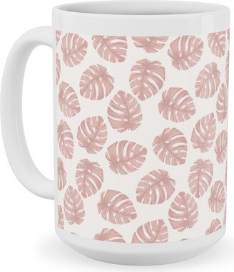 Mugs: Boho Monstera Leaf - Light Pink On Off White Ceramic Mug, White, 15Oz, Pink