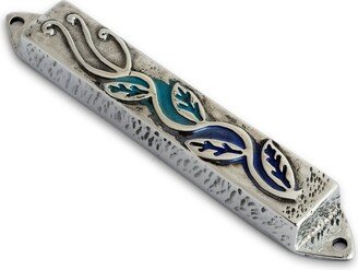 Mid-Size Pewter Mezuzah Case With Blue & Turquoise Enamel Colors A Flower Design