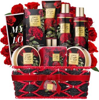 Lovery Exotic Rose Spa Gift Basket, Self Care Gift, Bath and Body Care Gift Set, Relaxing Stress Relief Gift, 13 Piece