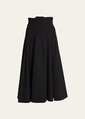 Pleated Wool Stretch Suiting Midi Skirt