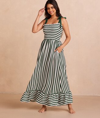 The Silky Luxe Smocked Maxi Dress - Nautical Stripe in Olive