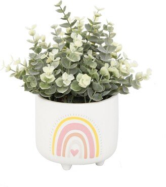 9.5 Artificial Eucalyptus in 4.75 Double Rainbow Ceramic Footed Pot - White, Green-Plants