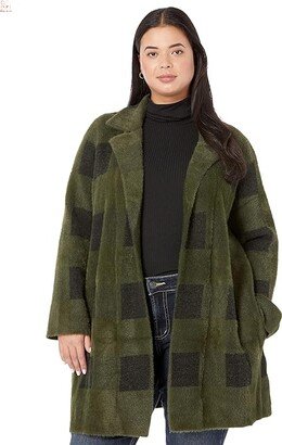 Size Open Front Coatigan Sweater (Green/Black Buffalo) Women's Clothing