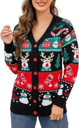 Generic Women's V Neck Jacquard Christmas Day Snowman and Deer Winter Long Sleeve Loose Single Breasted Knitted Cardigan Sweater Shawl for Men (Black